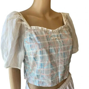 VTG IEF Womens L Silky Leaf Print Ruched Puff Sleeve Crop Top Fairy Square Neck